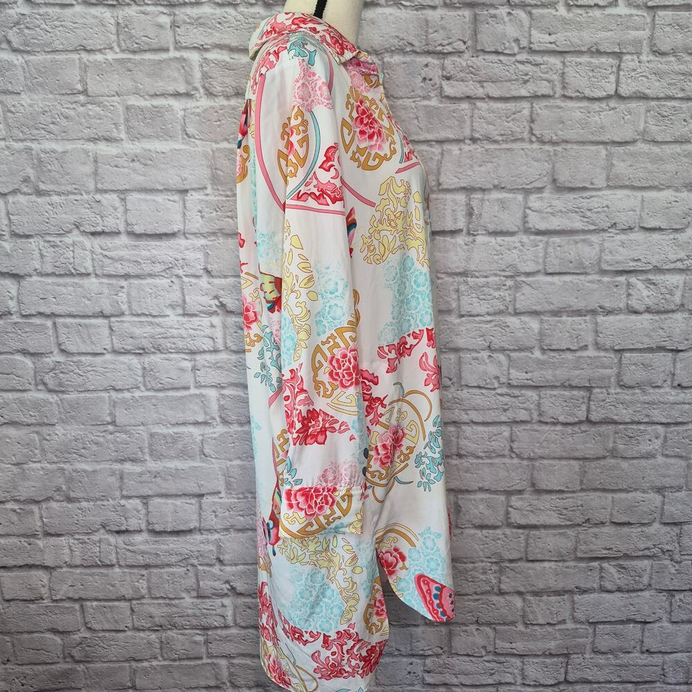 Natori Boho Floral Medallion Tunic Dress Split V Neck Butterfly Sleep Shirt Sz L - Picture 5 of 10